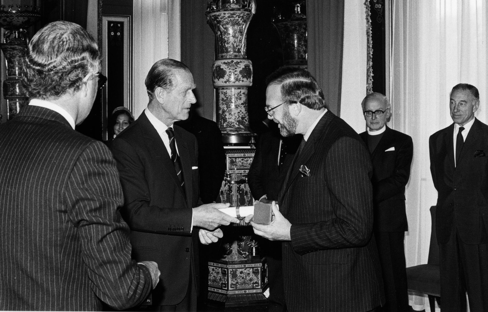 Michael Bourdeaux 1984 Laureate of Templeton Prize accepting award from Prince Philip, Duke of Edinburgh at palace